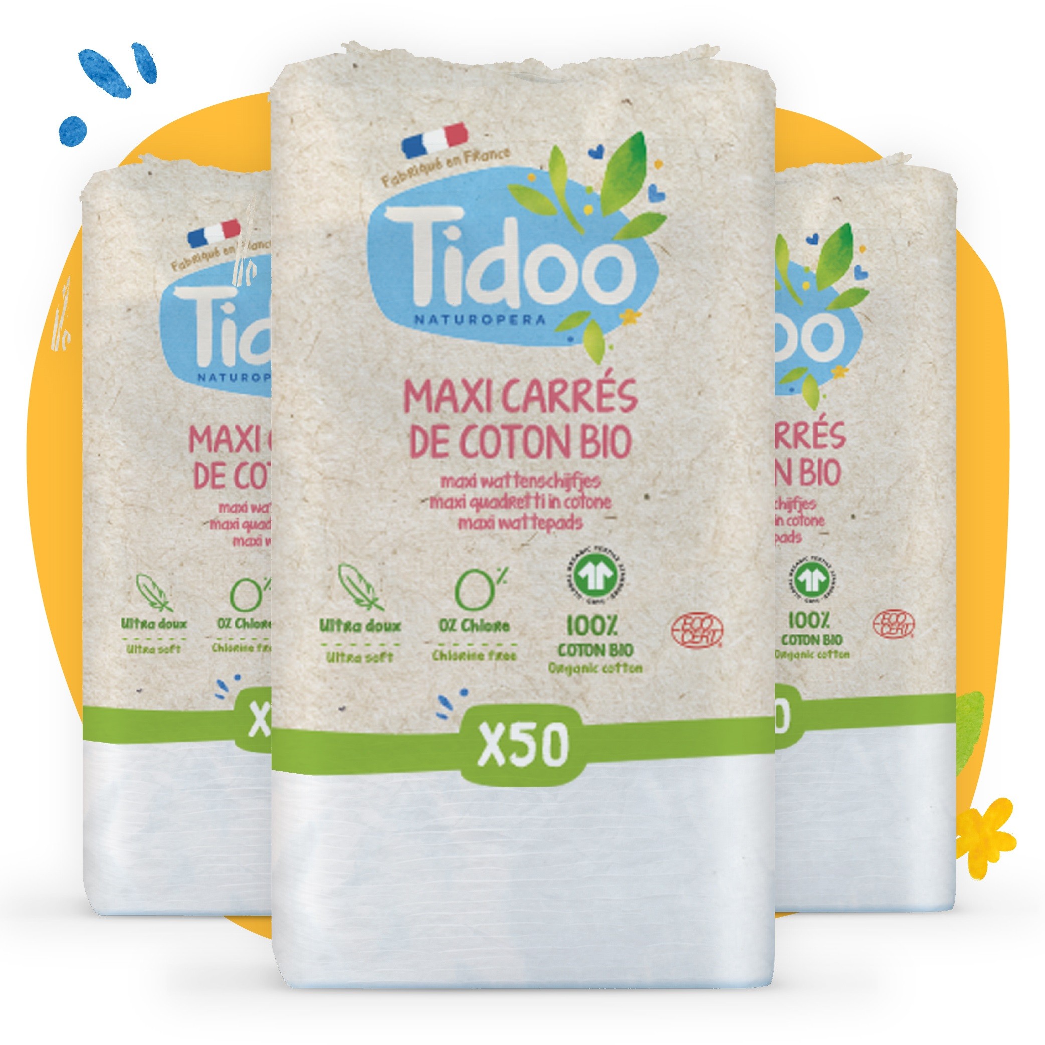 Tidoo Care Maxi Carrés Bébés En Coton Bio 50 Pièces